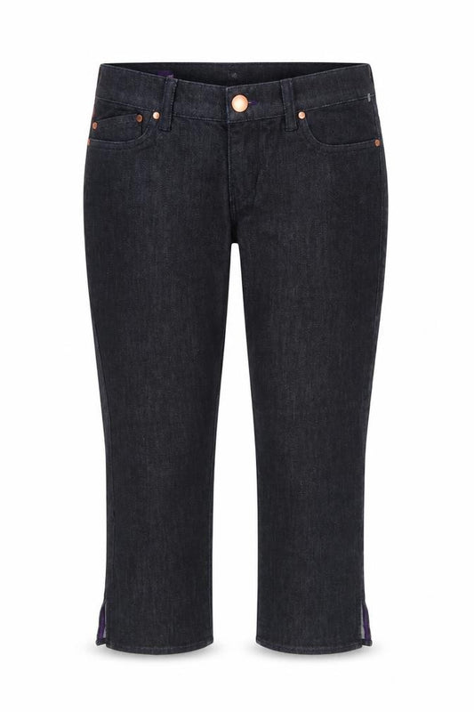Front view of women’s blue capri jeans, size UK 27, in, 24-inch leg