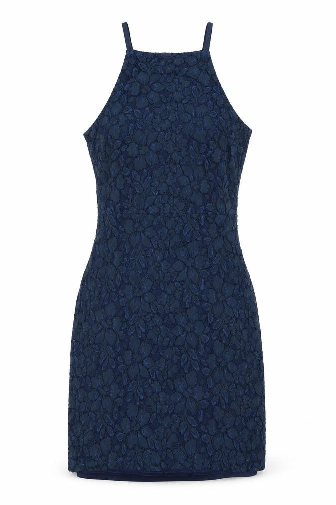 Front view of Missguided women’s blue floral a-line, size UK 8