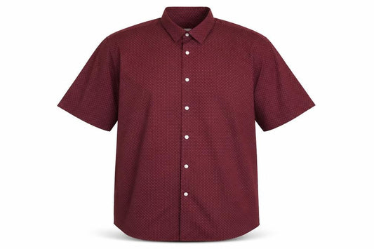 Front view of ACW 58 men’s red polka dot button-up, size 2XL