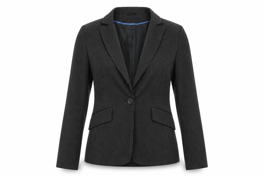 Front view of Dorothy Perkins women’s black striped jacket blazer, size UK 10