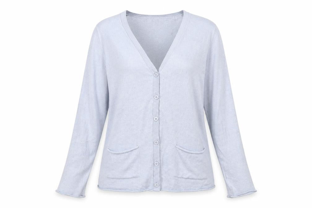 Front view of Eddie Bauer women’s blue cardigan jumper, size S