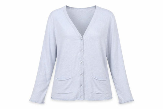 Front view of Eddie Bauer women’s blue cardigan jumper, size S