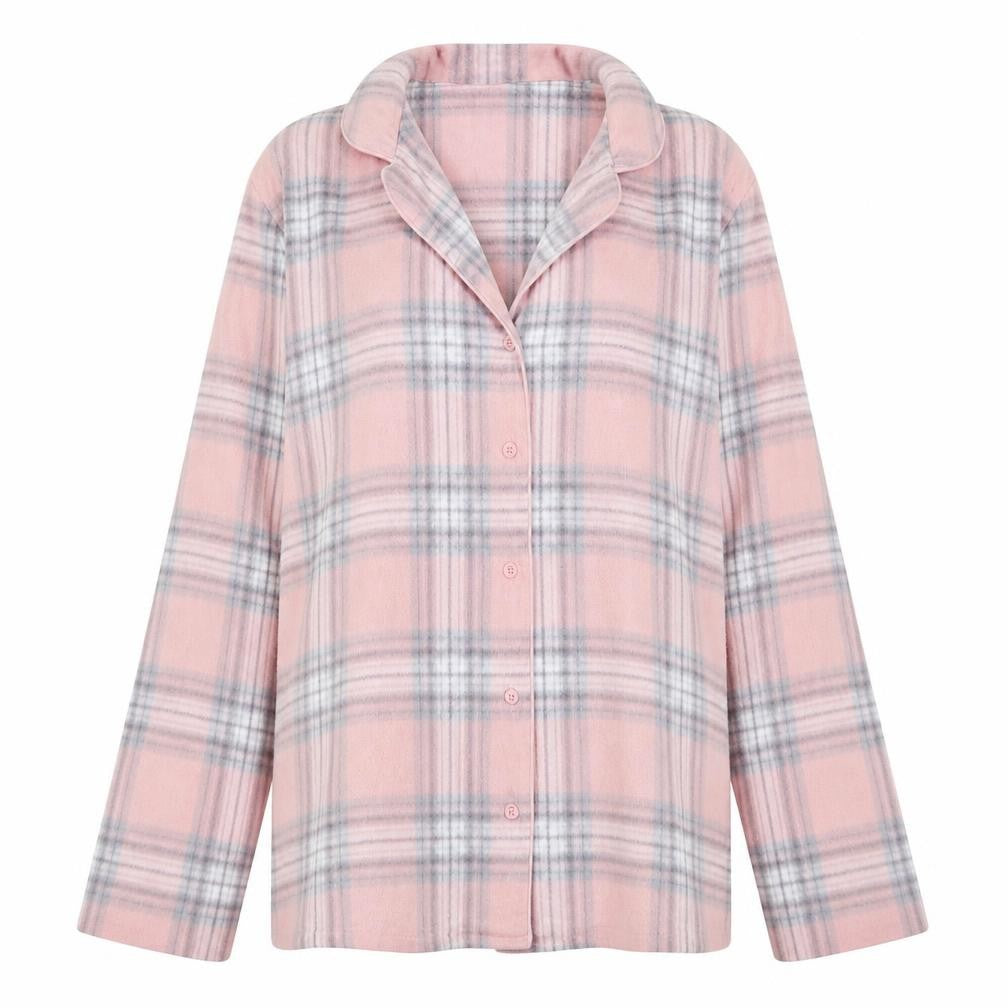 Front view of Preworn women’s pink check top pyjama top, size UK 8