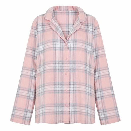 Front view of Preworn women’s pink check top pyjama top, size UK 8