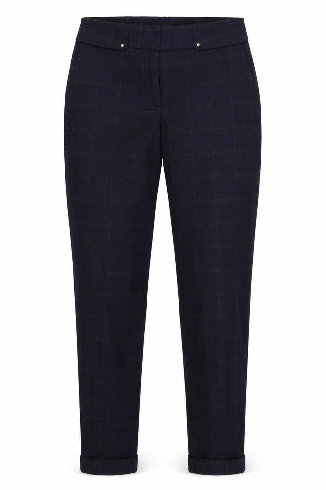 Front view of ORSAY women’s blue check trousers, size UK 28, in, 28-inch leg