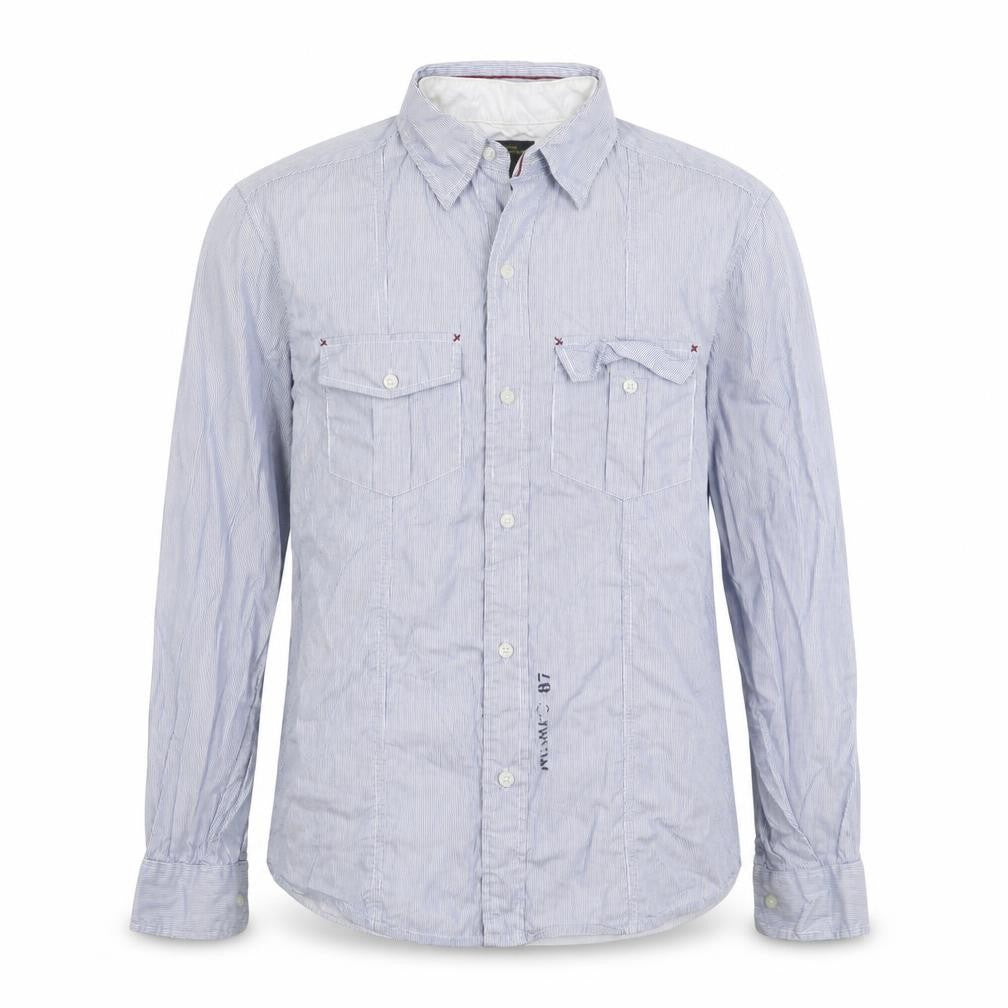 Front view of Numero Uno women’s blue striped basic button-up, size L