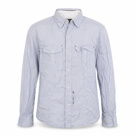 Front view of Numero Uno women’s blue striped basic button-up, size L