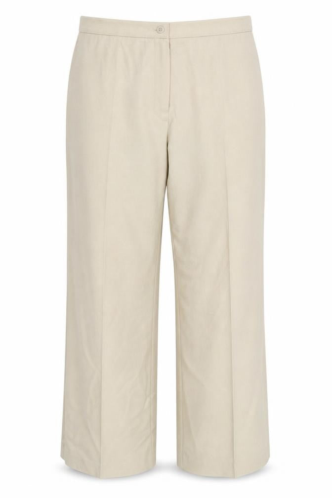 Front view of Marks & Spencer women’s beige trousers, size UK 16, 32-inch leg