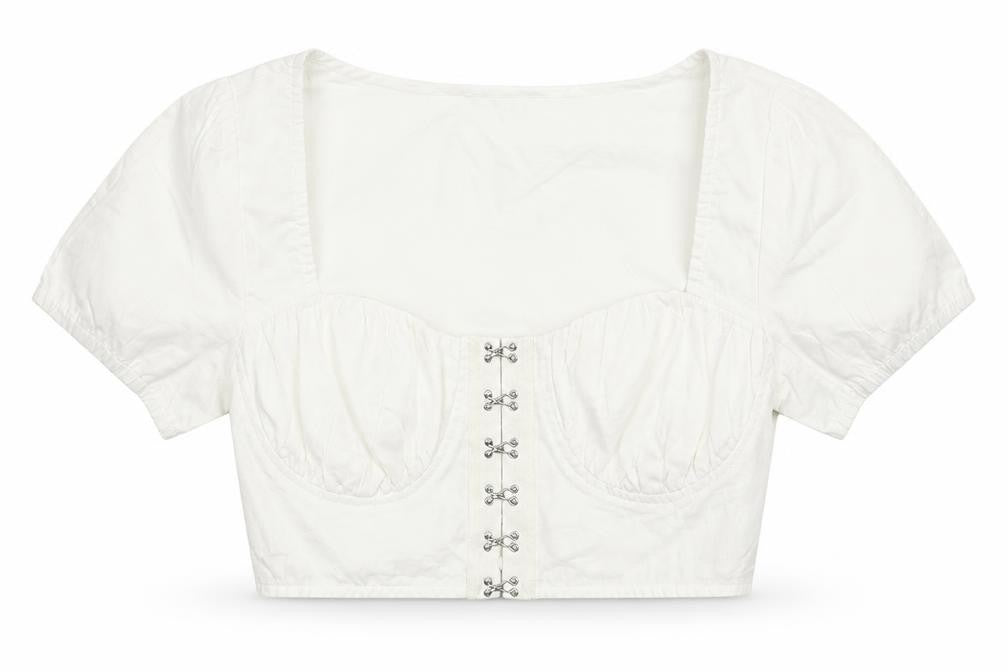 Front view of Boohoo women’s white basic t-shirt, size UK 8