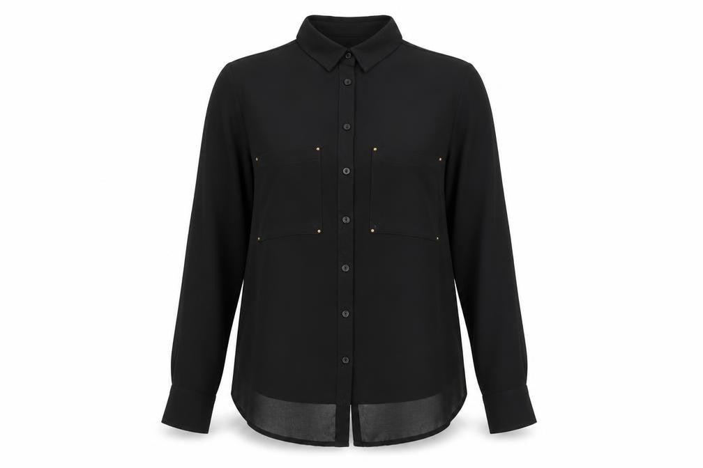 Front view of Papaya women’s black basic button-up, size UK 10