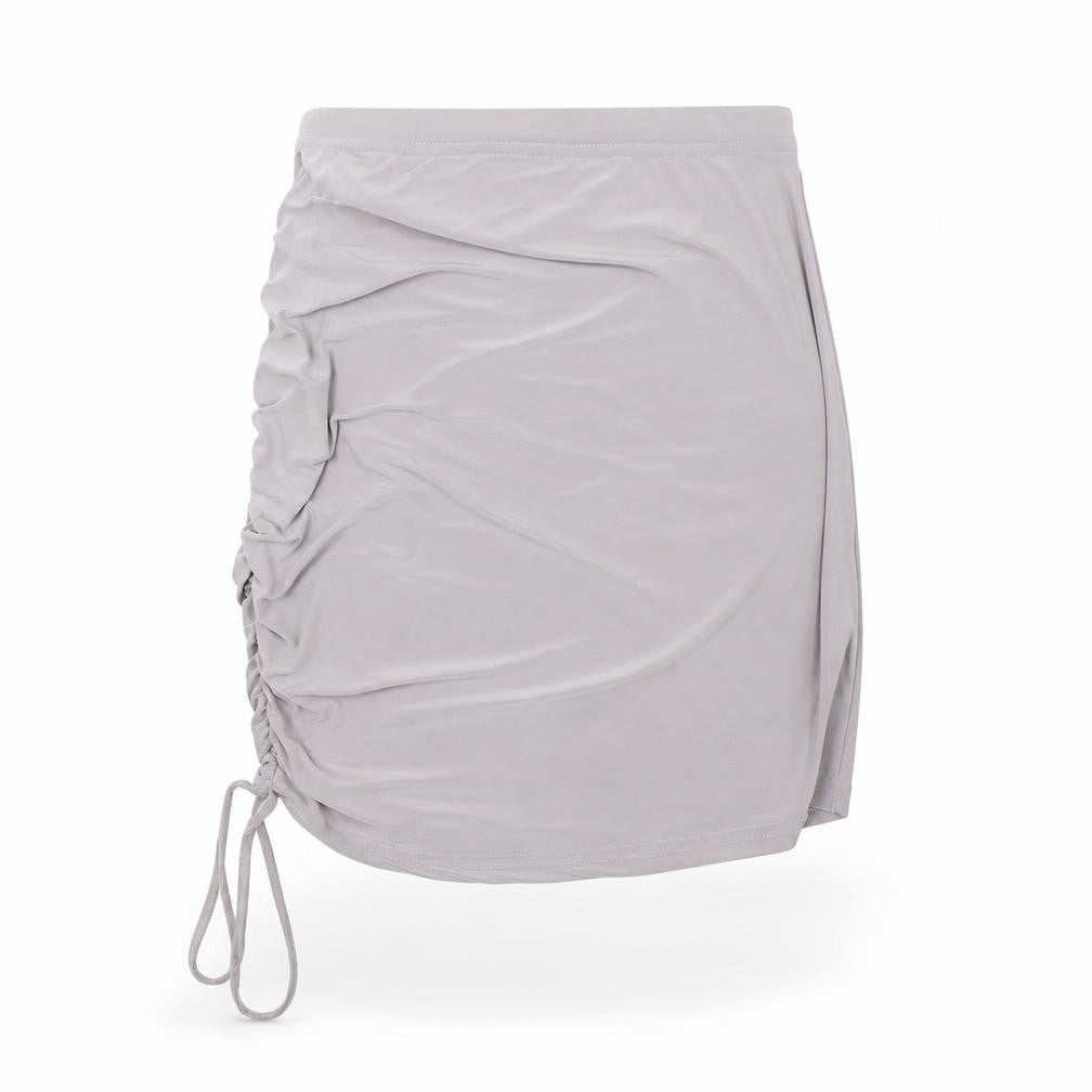 Front view of Boohoo women’s grey wrap skirt, size UK 10