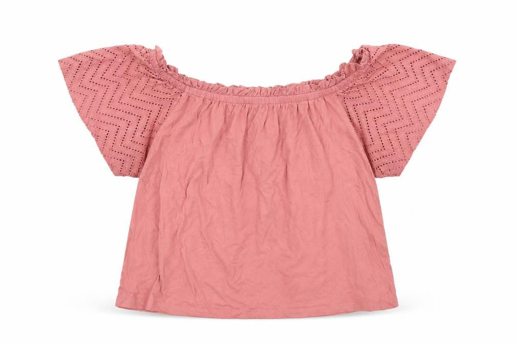 Front view of Primark women’s pink basic blouse, size L, - crochet detail