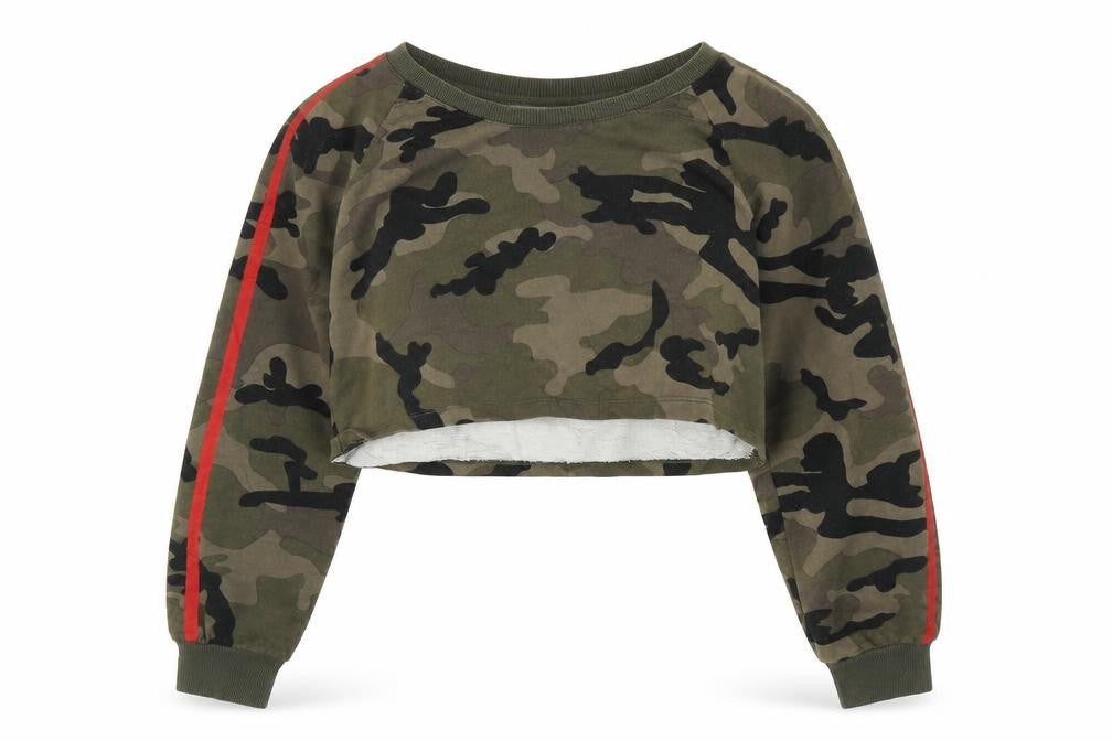 Front view of Select women’s green camouflage jumper, size S, - cropped