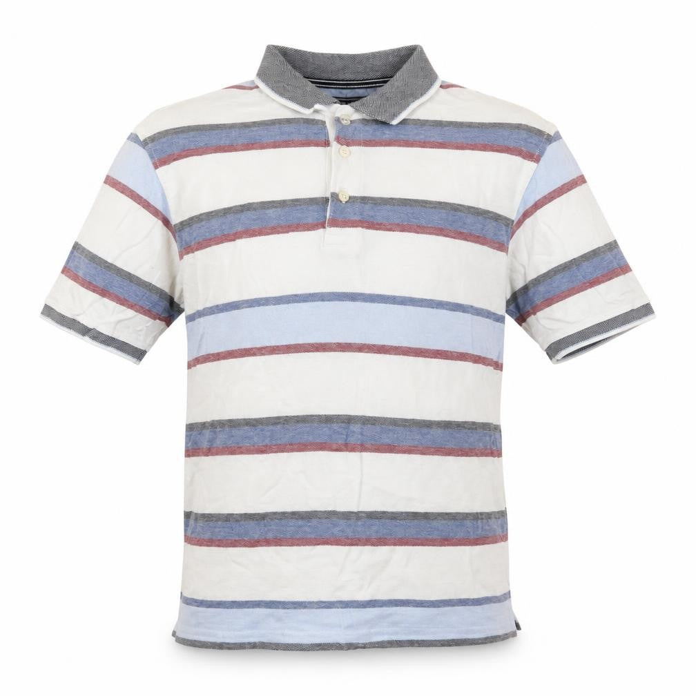 Front view of Maine New England men’s blue striped polo, size S