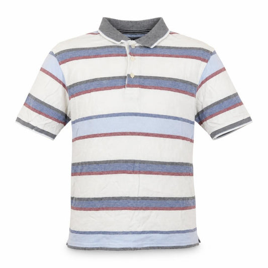 Front view of Maine New England men’s blue striped polo, size S