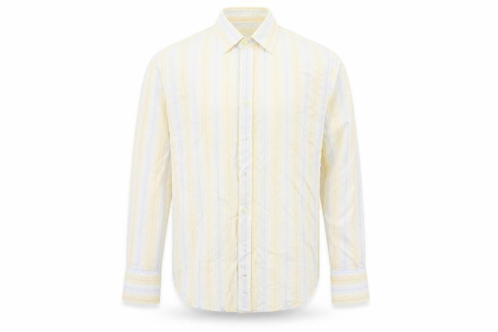 Front view of Full Circle men’s beige striped button-up, size M