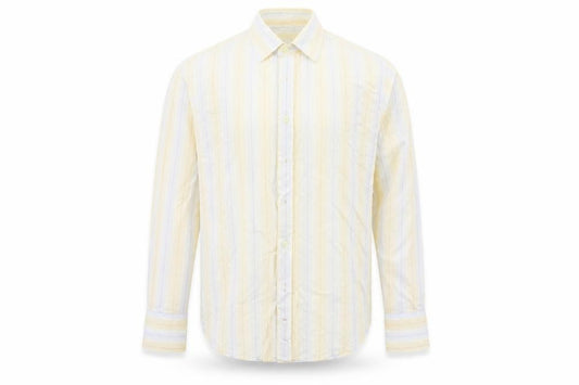Front view of Full Circle men’s beige striped button-up, size M