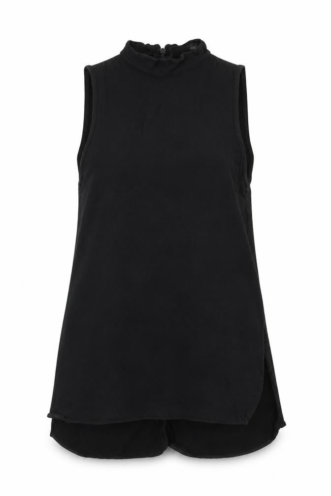 Front view of Topshop women’s black colourblock basic blouse, size UK 6, - frill detail