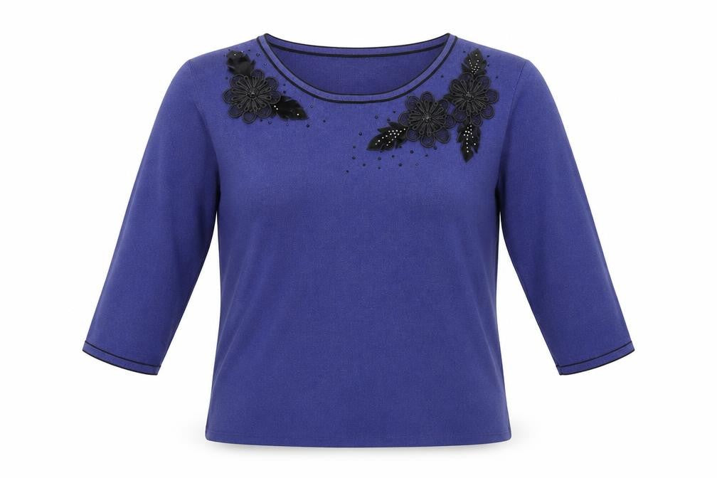 Front view of cashmia women’s blue basic t-shirt, size M