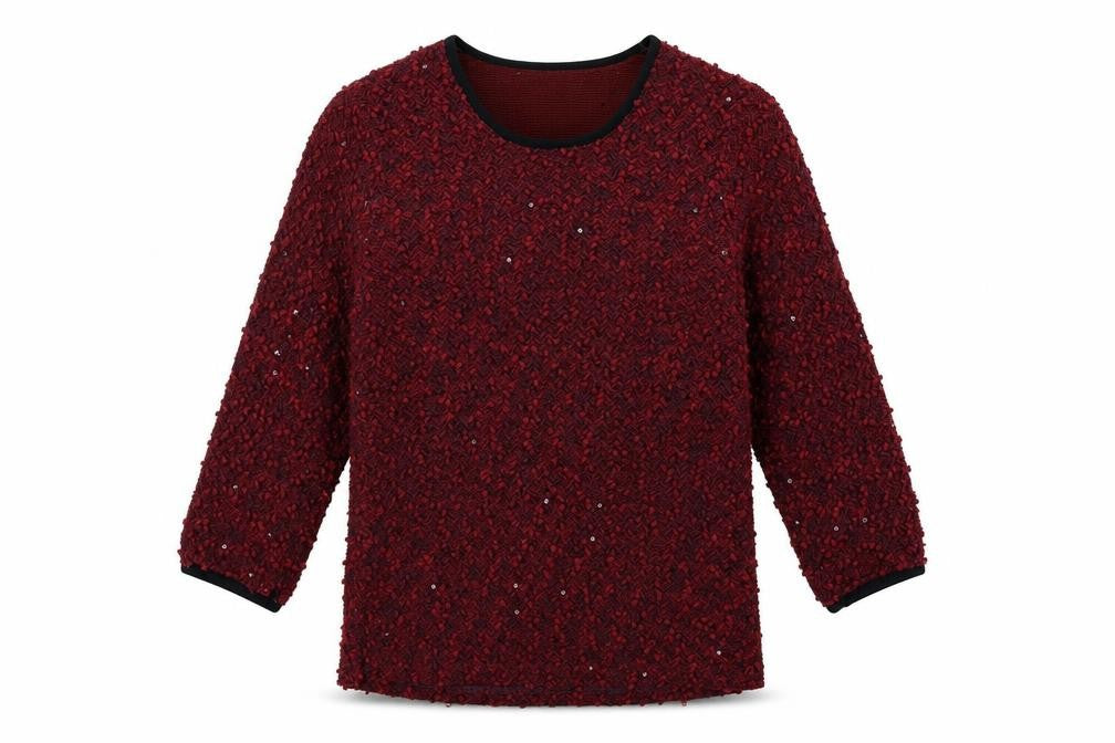 Front view of Elite women’s red jumper, size UK 14