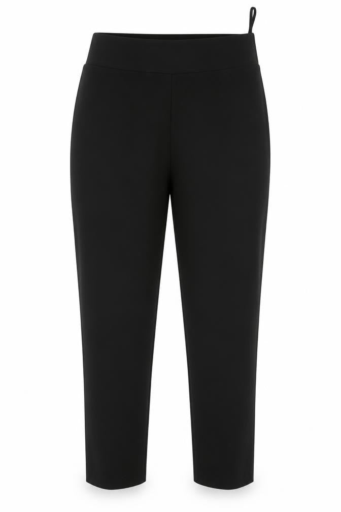 Front view of Stack shop women’s black trousers, size UK 14, 23-inch leg