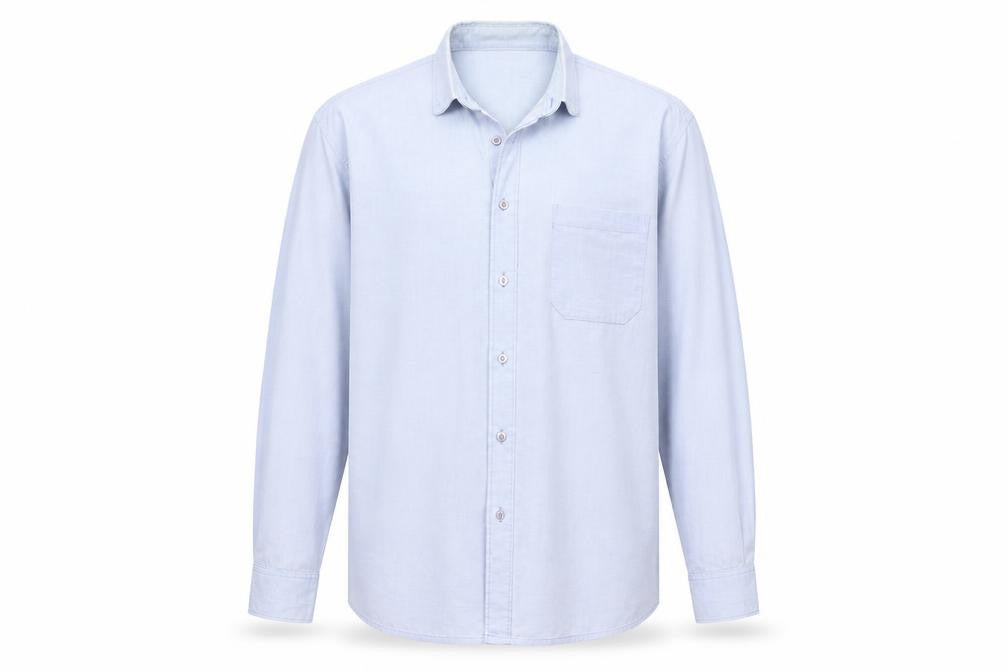 Front view of Jeremilio men’s blue button-up, size L