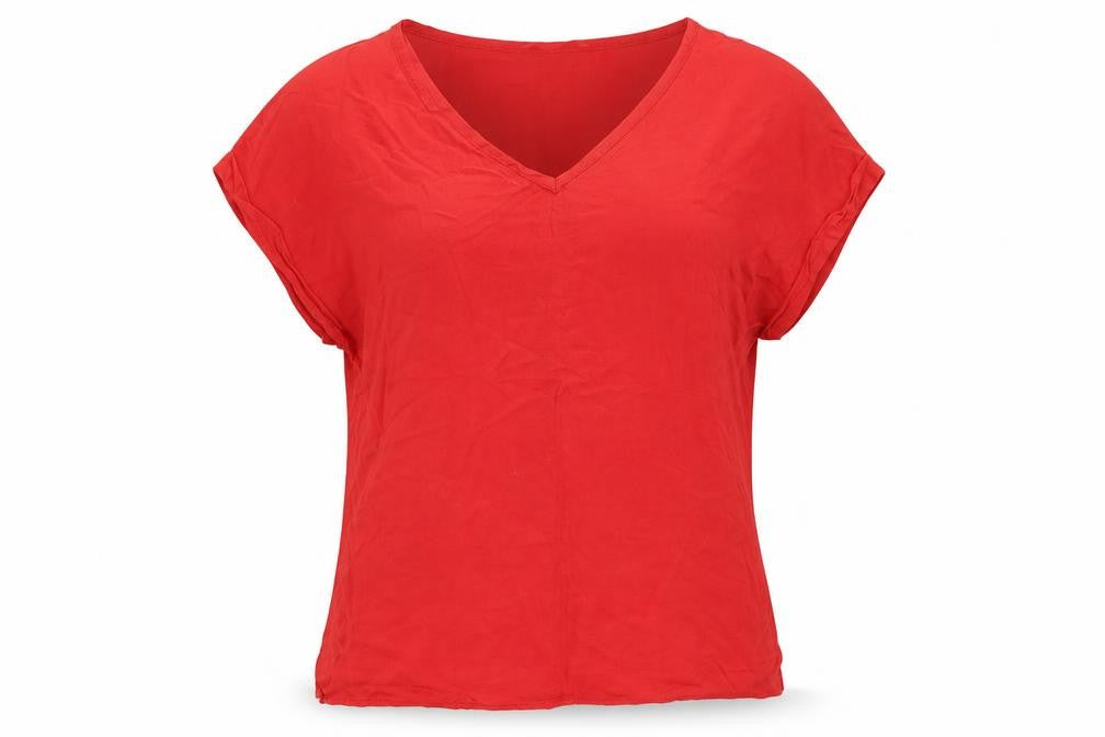 Front view of Atmosphere women’s red basic t-shirt, size UK 6