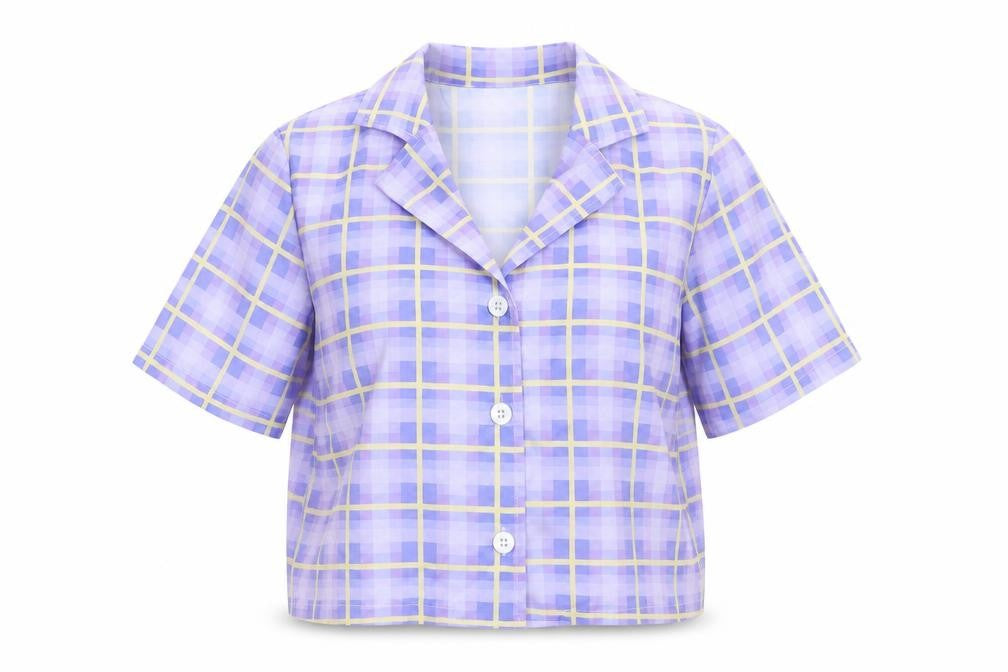 Front view of SHEIN women’s purple check basic button-up, size S