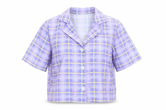 Front view of SHEIN women’s purple check basic button-up, size S