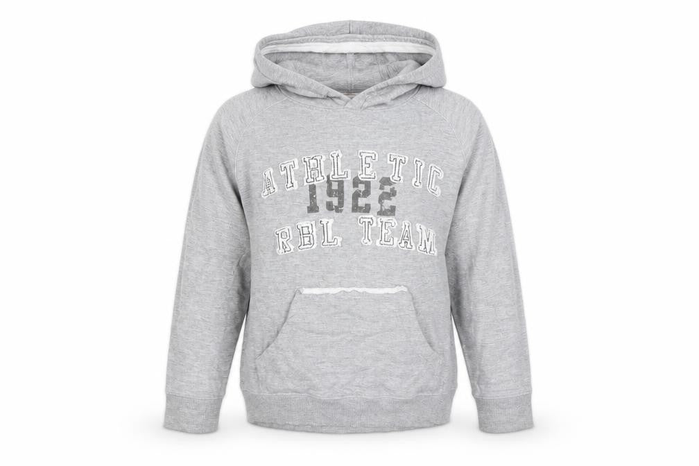 Front view of Rebel boys’ grey pullover hoodie, size 6-7, years
