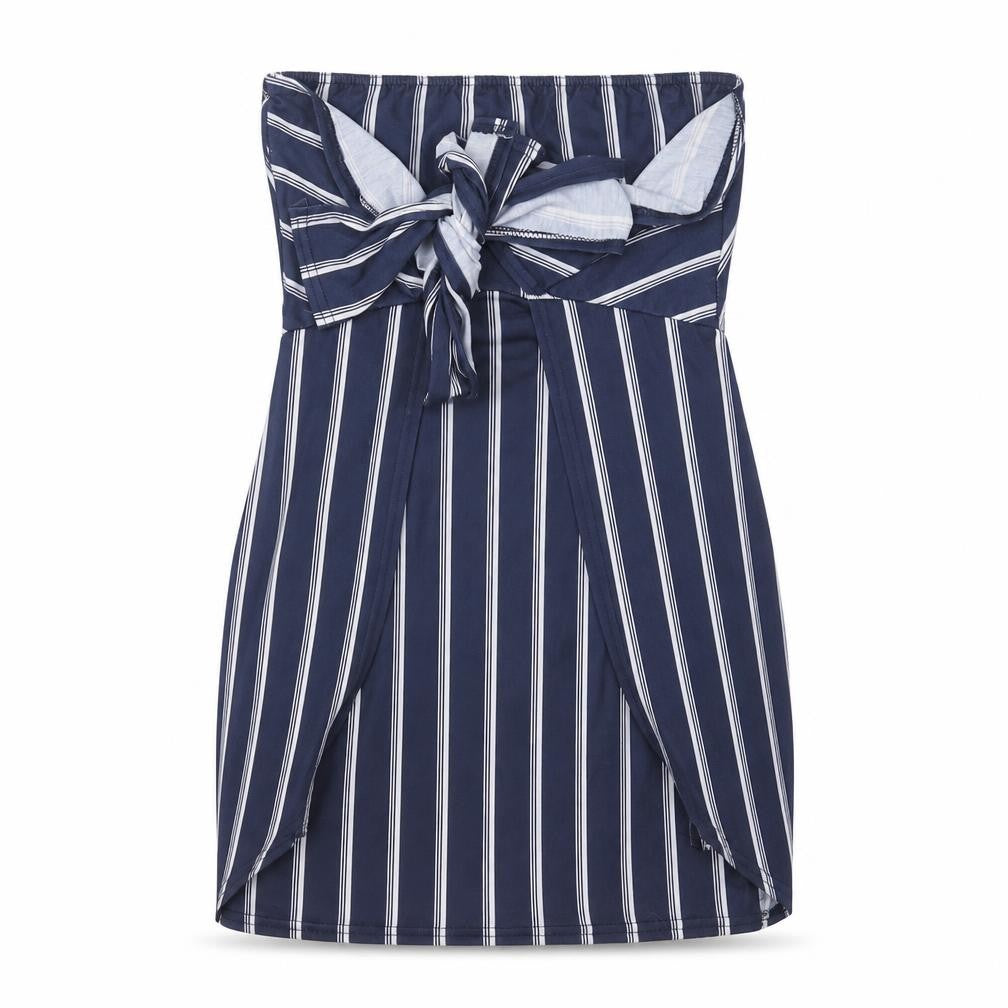 Front view of PRETTYLITTLETHING women’s blue striped basic blouse, size UK 10