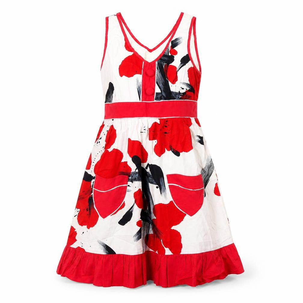 Front view of women’s white floral shift, size M