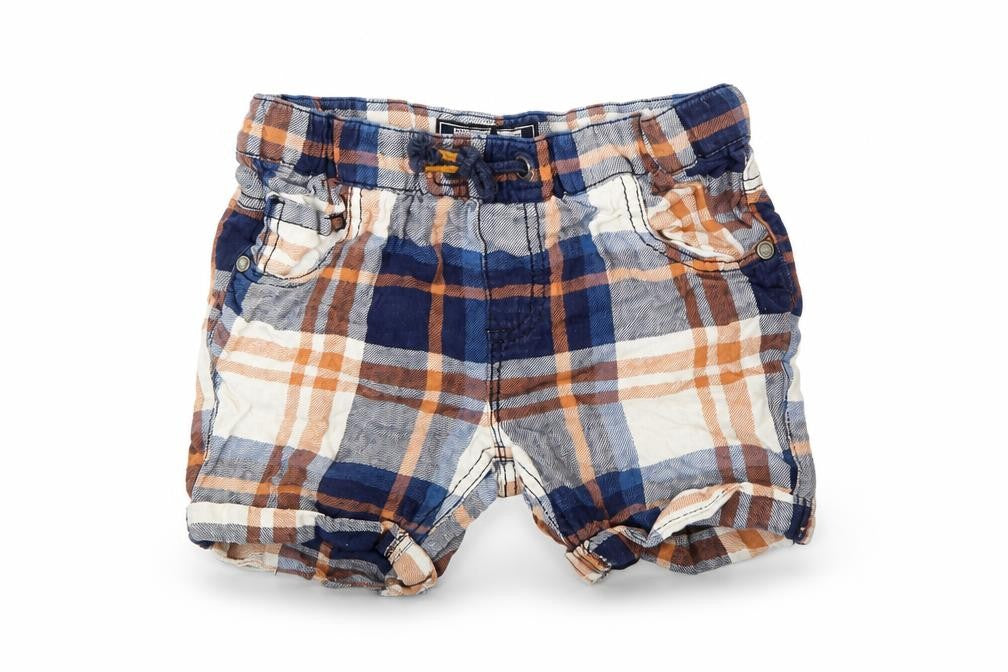 Front view of Next boys’ blue plaid sweat shorts, size 2, years