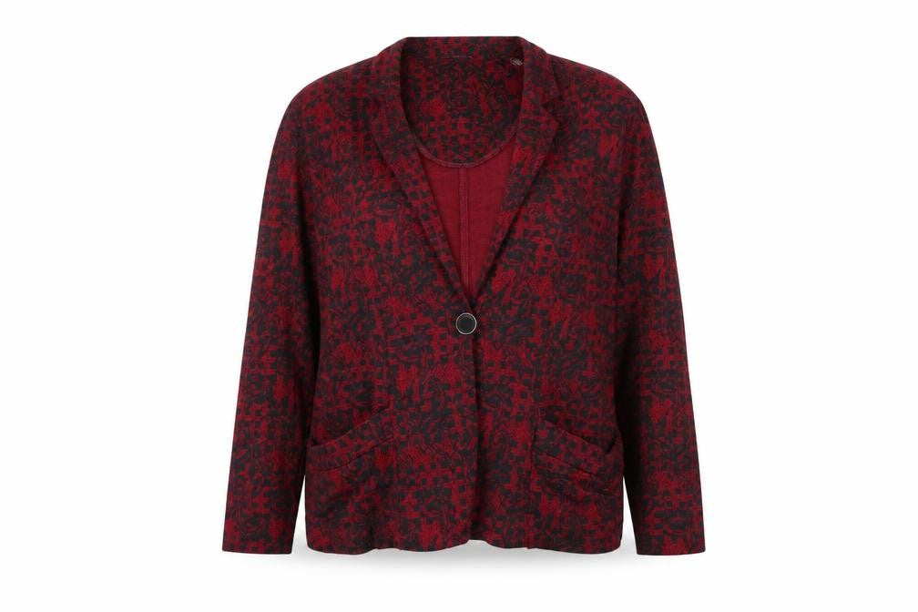 Front view of Grazia women’s black geometric jacket, size UK 18