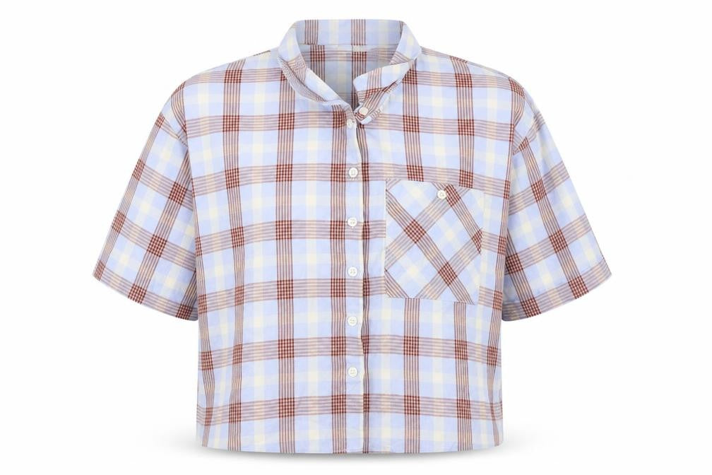 Front view of Next women’s blue check cropped button-up, size UK 8