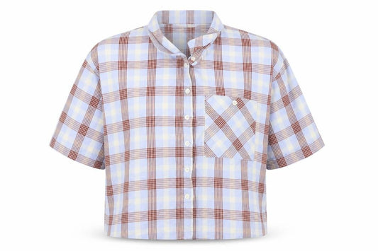 Front view of Next women’s blue check cropped button-up, size UK 8