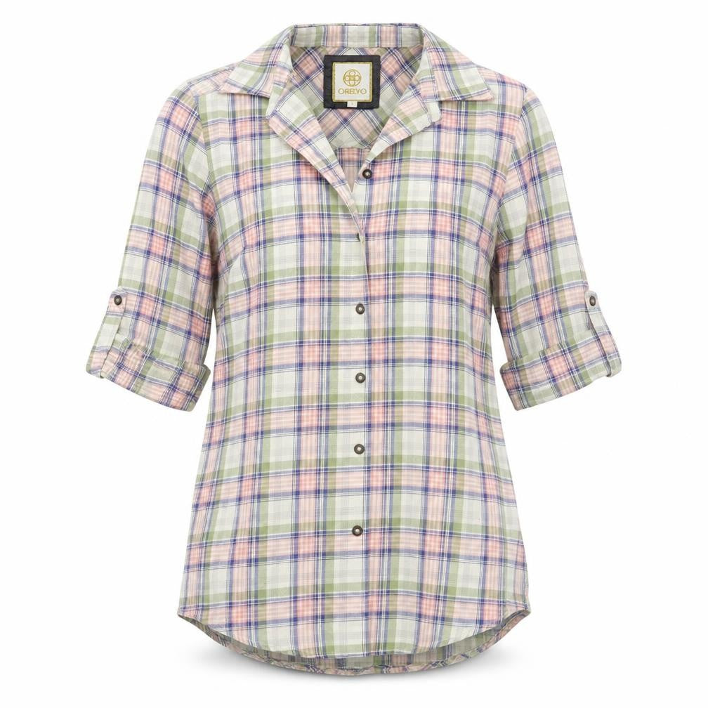 Front view of Orelyo women’s white check basic button-up, size S
