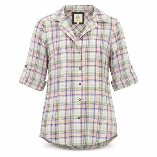Front view of Orelyo women’s white check basic button-up, size S