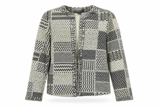 Front view of Primark women’s black geometric jacket coatigan, size UK 10