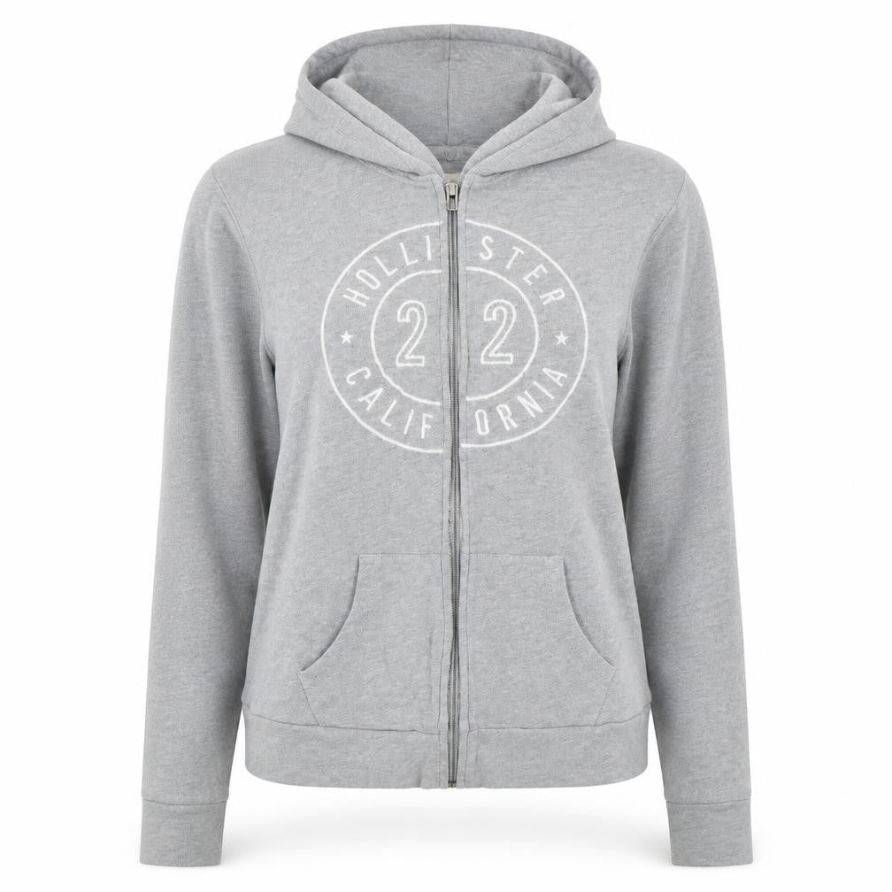 Front view of Holliser women’s grey full zip hoodie, size M