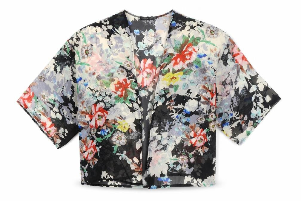Front view of Atmosphere women’s black floral shrug jumper, size S
