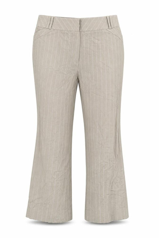 Front view of Preworn women’s beige striped trousers, size UK 22, 28.5-inch leg
