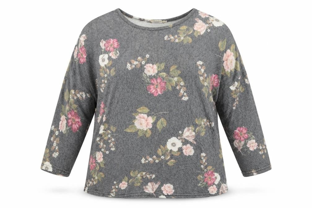 Front view of VIOLA BORGHI women’s grey floral jumper, size 2XL
