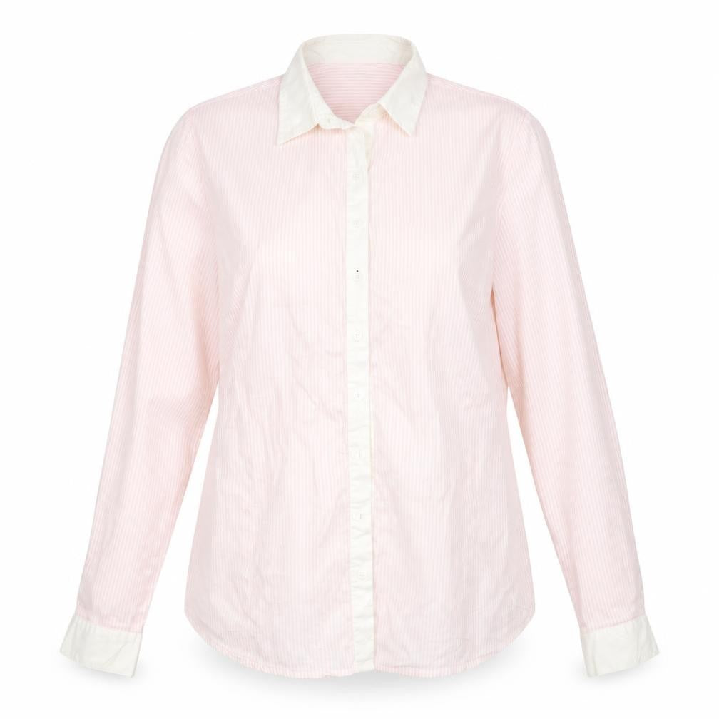 Front view of RESERVED women’s pink striped basic button-up, size UK 12