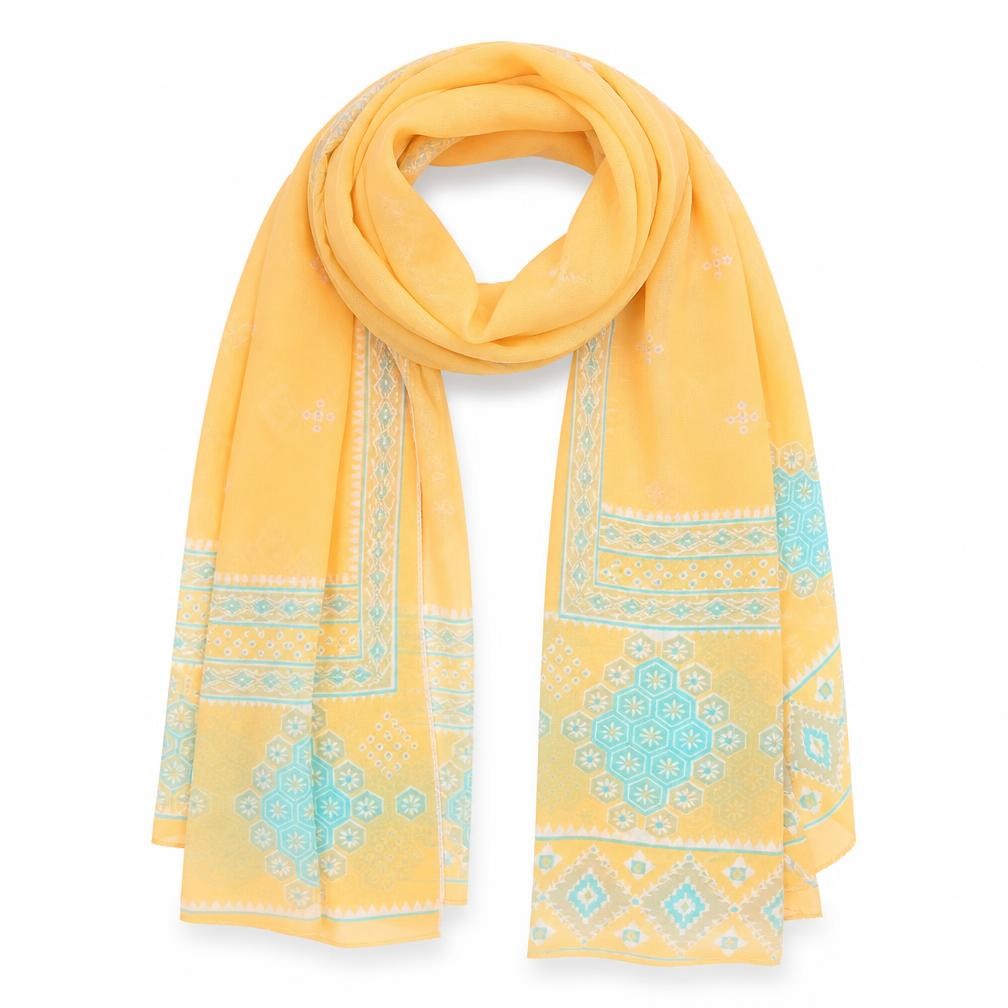 Front view of Preworn unisex orange geometric shawl/wrap