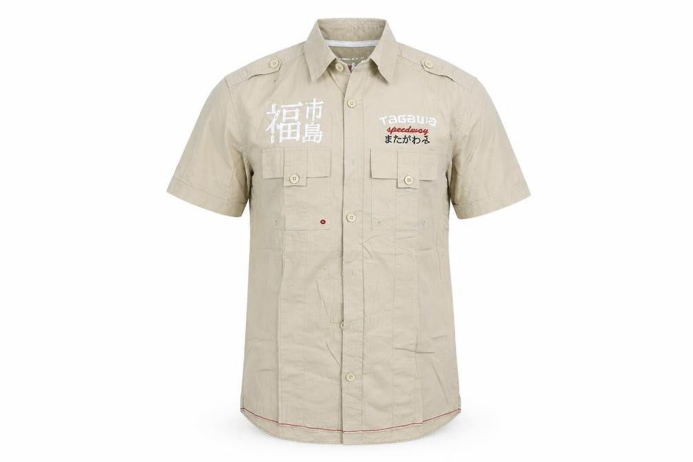 Front view of Next men’s beige button-up, size S