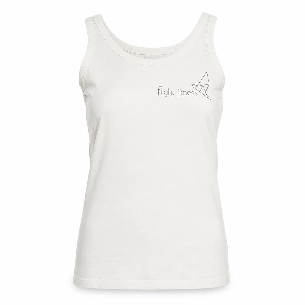 Front view of Flight Fitness women’s white basic tank, size S