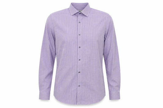 Front view of Taylor & Wright men’s purple check dress shirt, size 14
