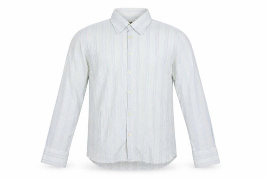Front view of Duck and Cover men’s blue striped button-up, size M