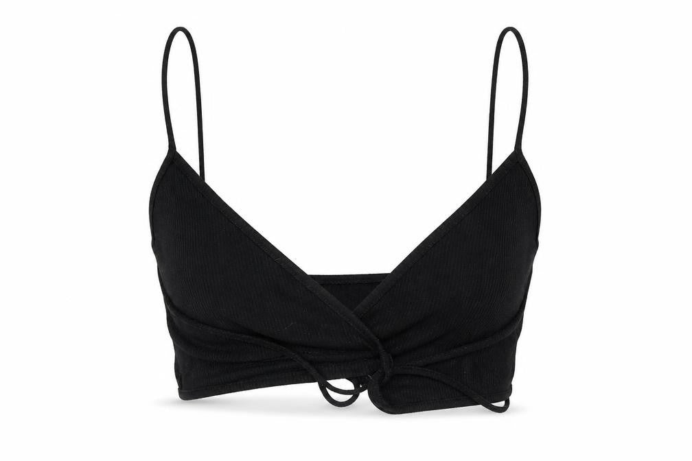 Front view of PRETTYLITTLETHING women’s black cropped t-shirt, size UK 8